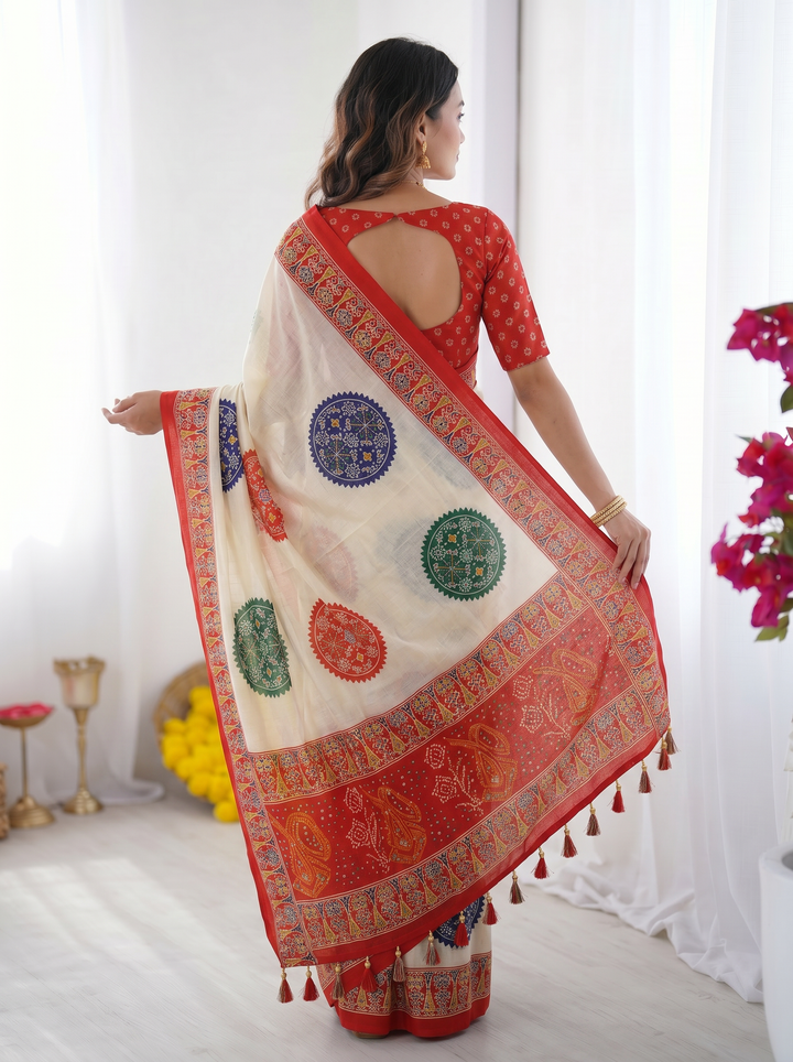 Ivory White &amp; Vermilion Red Pure Modal Silk Saree with Multicolor Mandala Print &amp; Traditional Designer Pallu