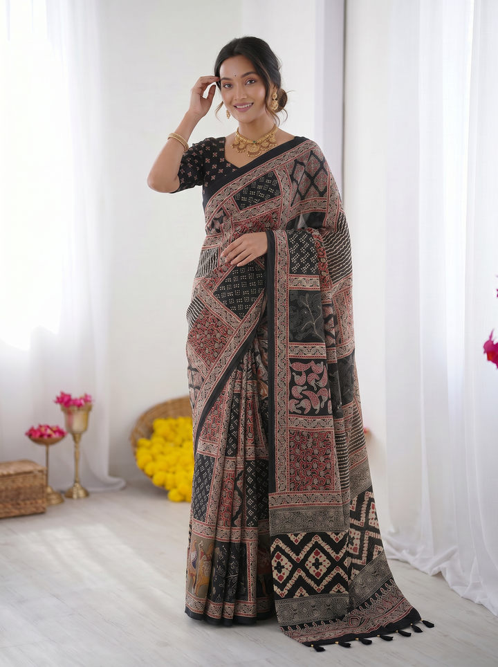 Black Modal Silk Saree with Tribal &amp; Geometric Print | Designer Heritage Pallu Saree for Festive Wear
