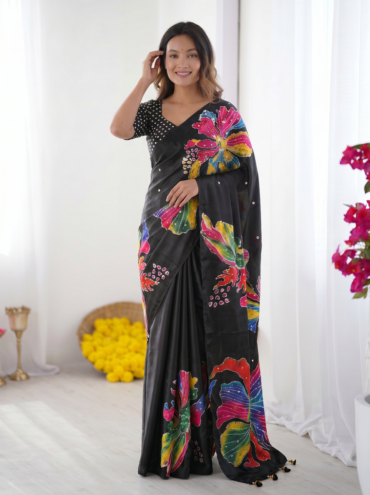Black Modal Silk Saree with Multicolor Floral Art Print, Handcrafted-Inspired Design &amp; Designer Tassel Pallu