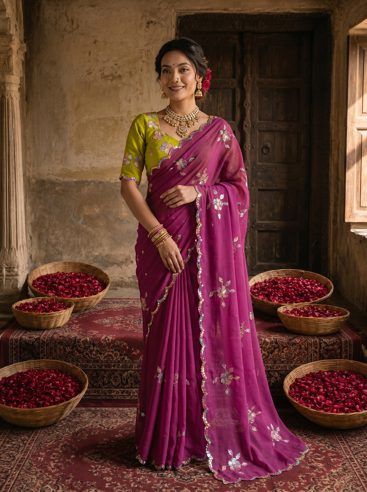 Magenta Purple Georgette Embroidered Saree with Floral Sequin Work &amp; Contrast Lime Green Blouse