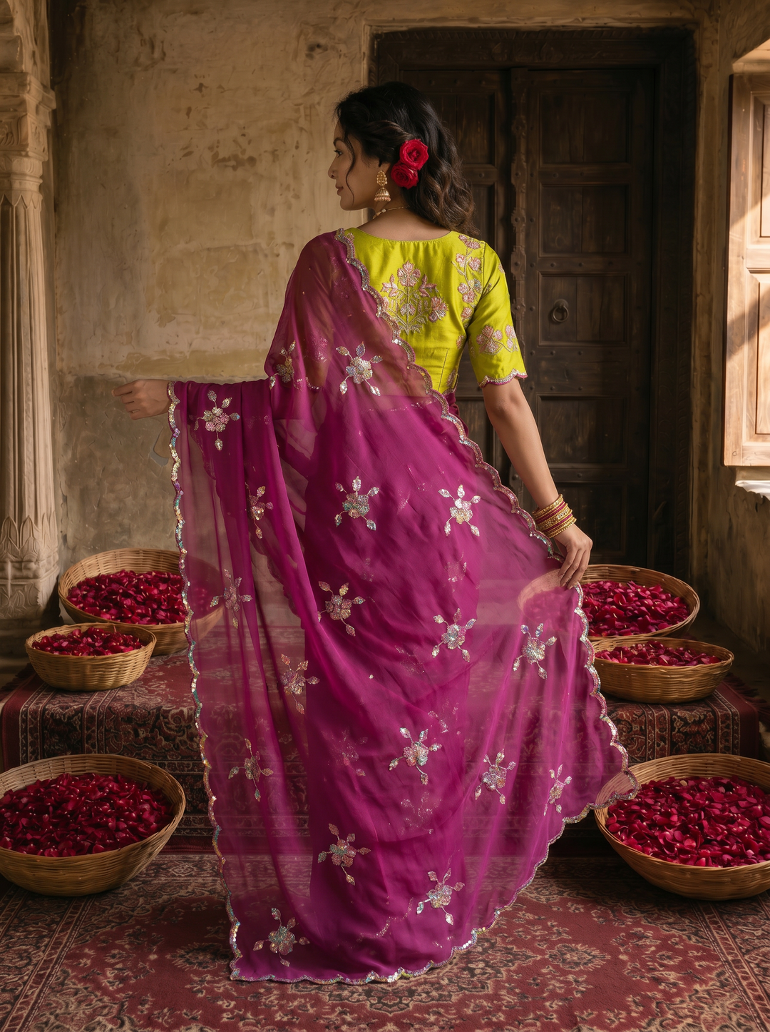 Magenta Purple Georgette Embroidered Saree with Floral Sequin Work &amp; Contrast Lime Green Blouse