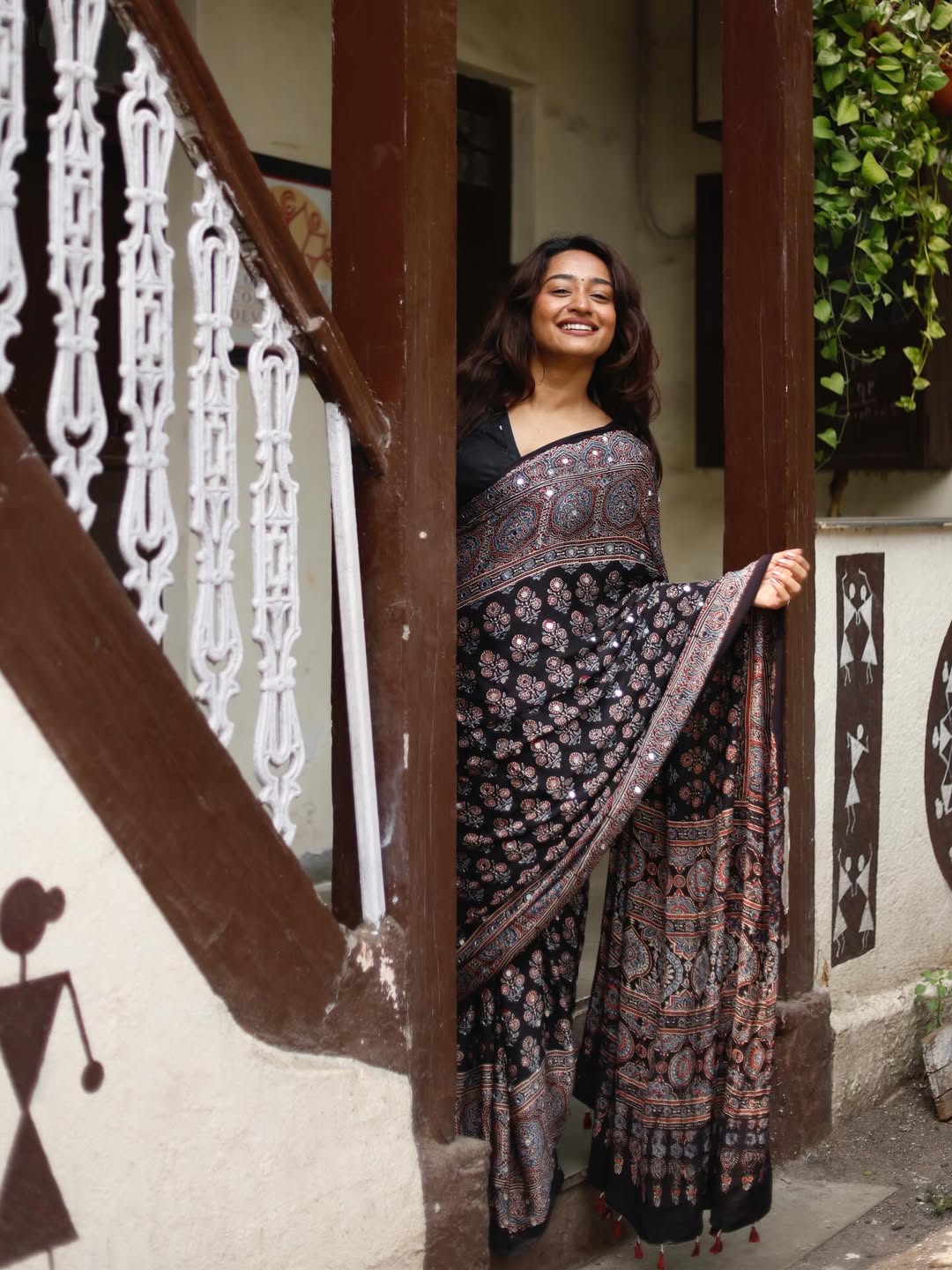 Black Ajrakh Printed Modal Silk Saree with Tassels &amp; Attached Blouse | Traditional Ethnic &amp; Festive Wear Saree