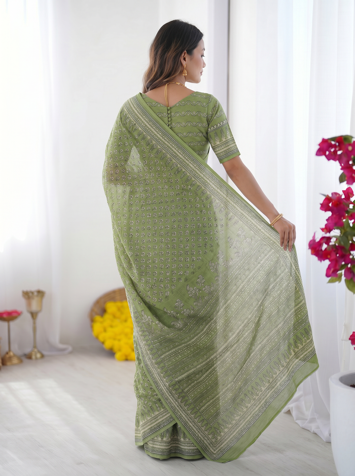 Sage Green Modal Silk Saree with Delicate Floral Butti Prints, Traditional Heritage Border &amp; Elegant Designer Pallu