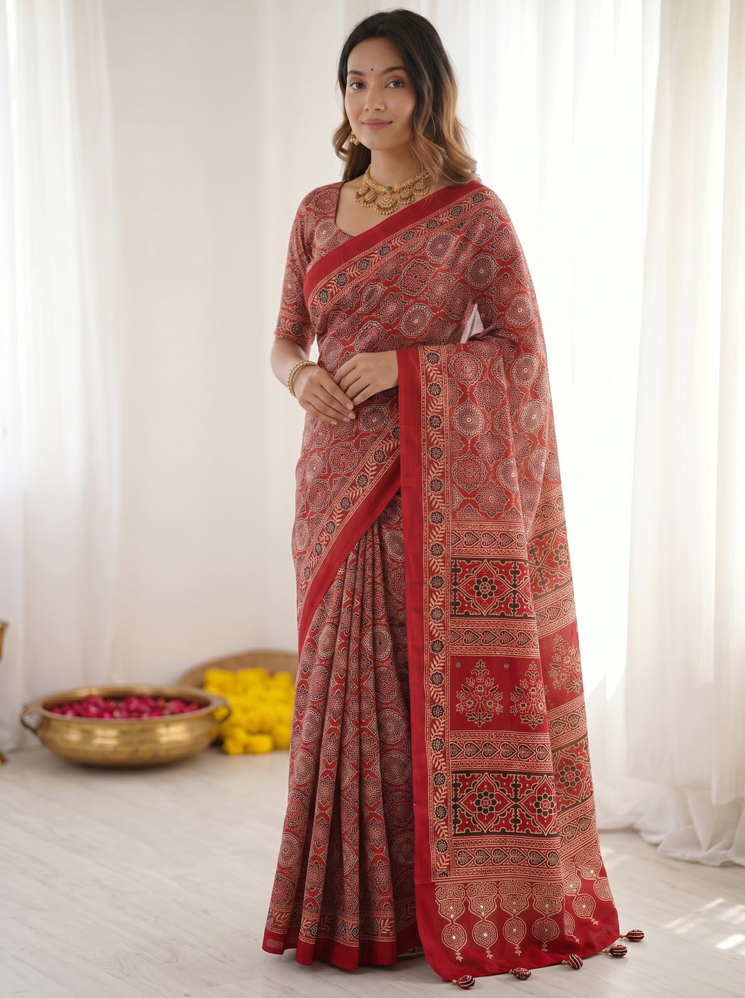 Ruby Red Pure Modal Silk Saree with Heritage Ajrakh Inspired Print &amp; Traditional Designer Pallu