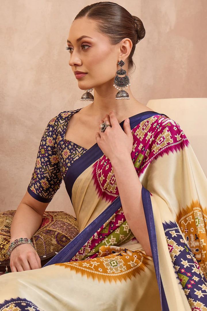 Cream Modal Silk Saree with Multicolor Patola-Inspired Print &amp; Royal Purple Border | Designer Festive Wear Saree