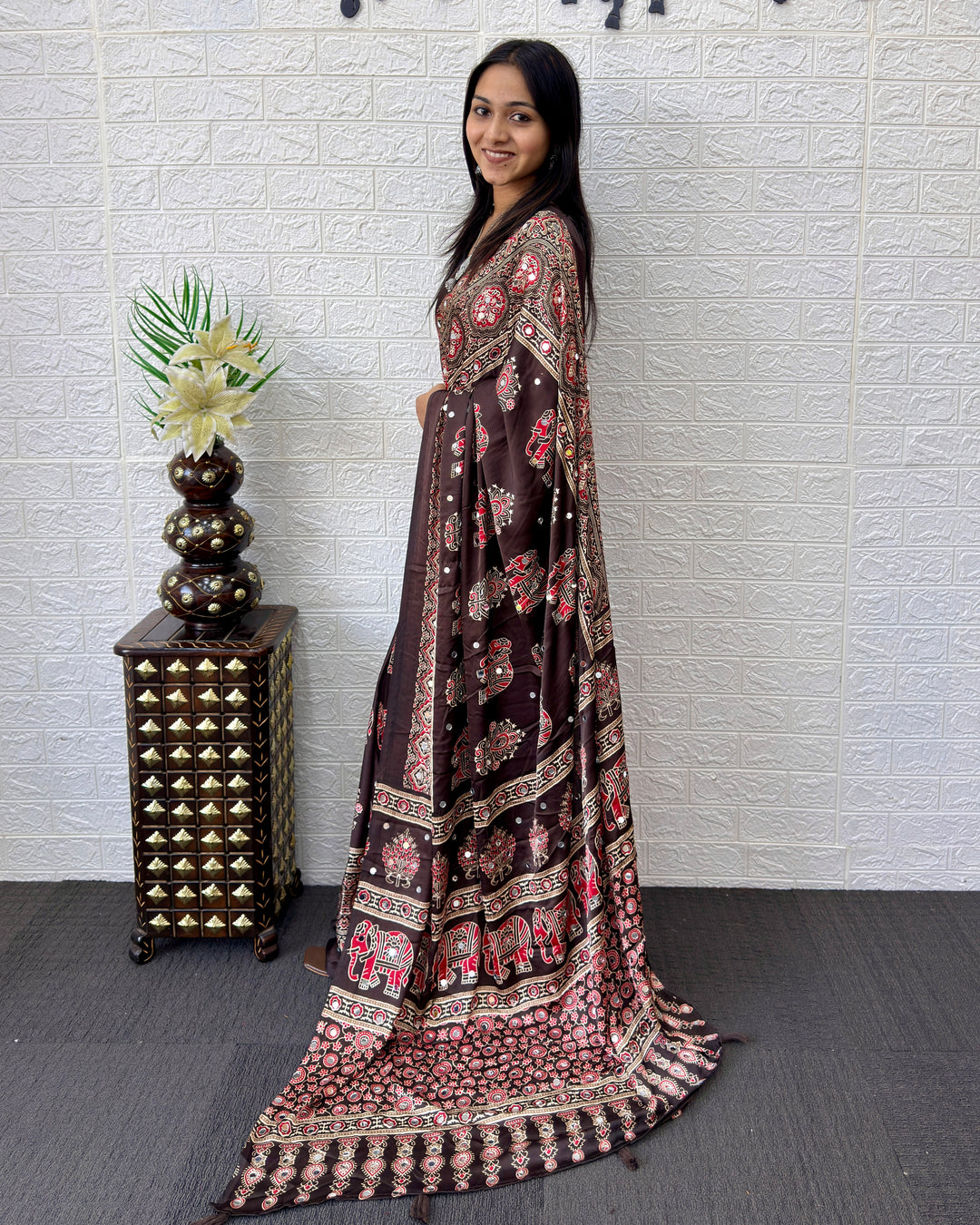 Chocolate Brown Modal Silk Saree with Elephant Motif Heritage Print &amp; Designer Pallu | Traditional Festive Wear Saree