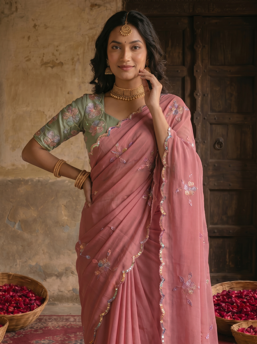 Dusty Rose Pink Georgette Embroidered Saree with Floral Sequin Work &amp; Contrast Designer Blouse