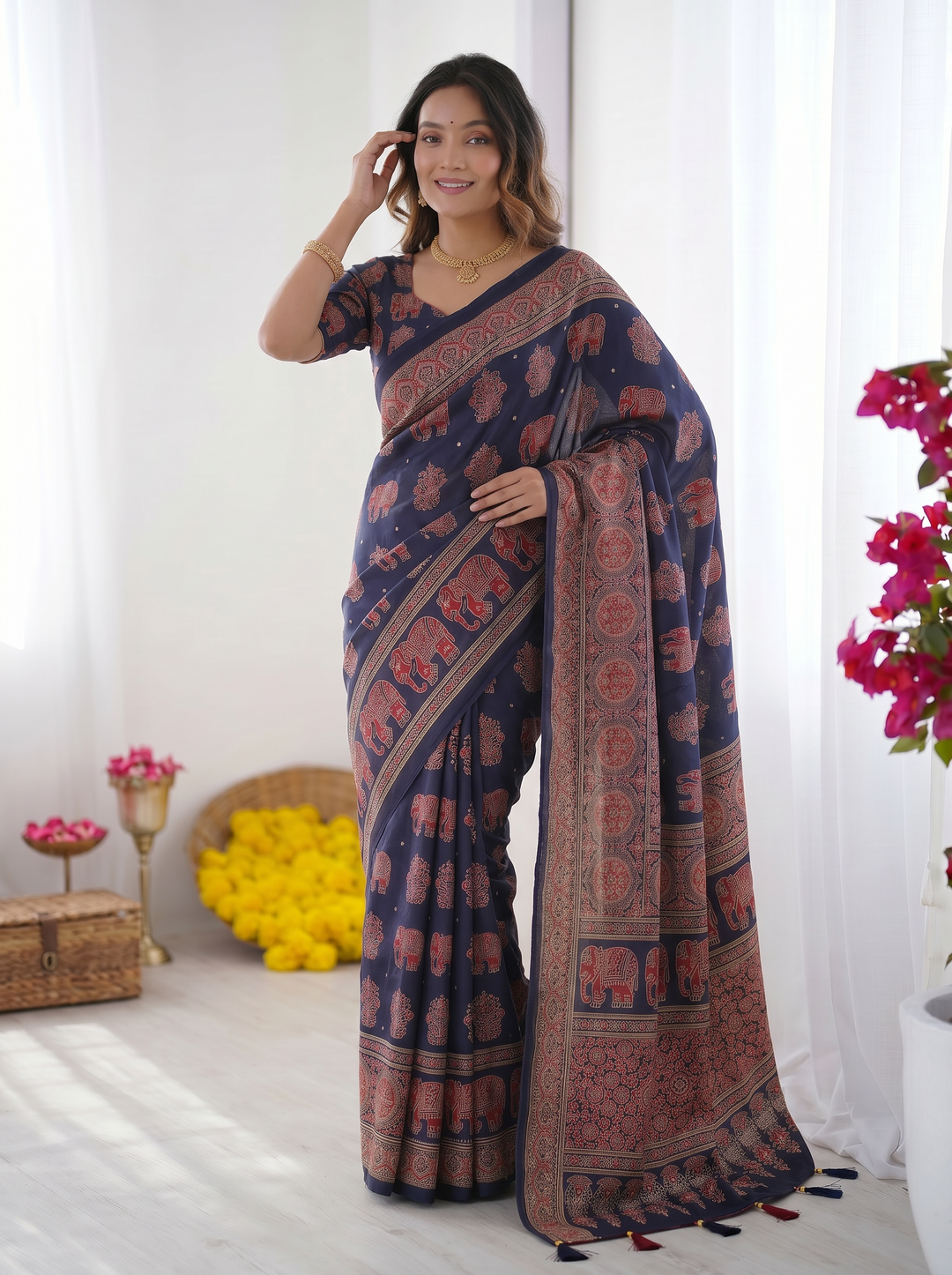Navy Blue Modal Silk Saree with Elephant Motif Ajrakh Print &amp; Heritage Designer Pallu | Traditional Festive Wear Saree