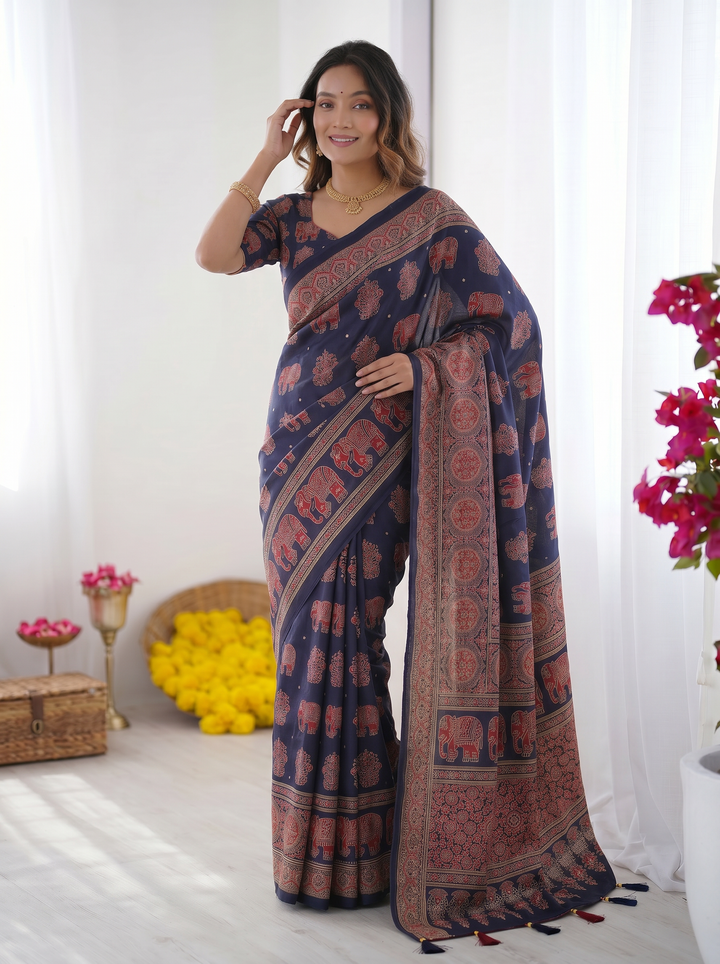 Navy Blue Modal Silk Saree with Elephant Motif Ajrakh Print &amp; Heritage Designer Pallu | Traditional Festive Wear Saree
