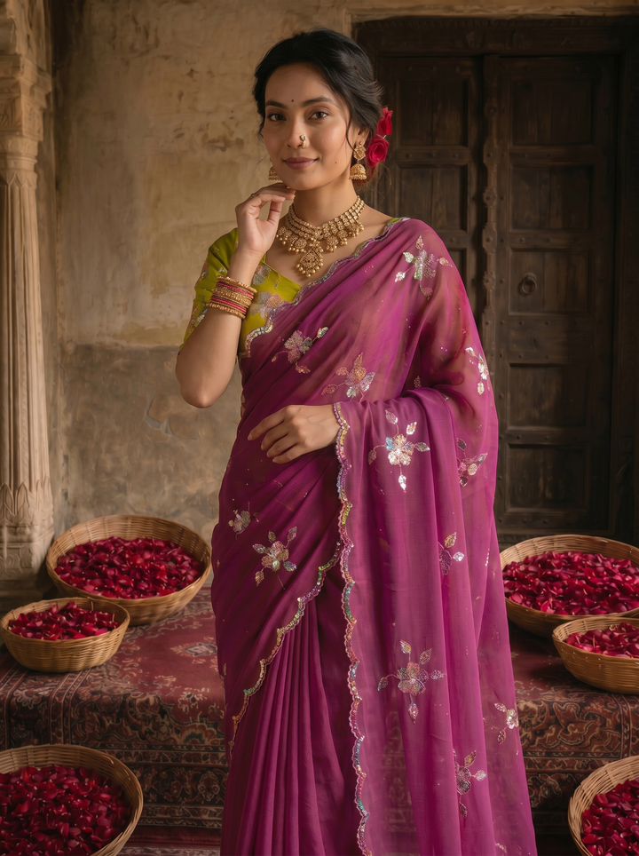 Magenta Purple Georgette Embroidered Saree with Floral Sequin Work &amp; Contrast Lime Green Blouse