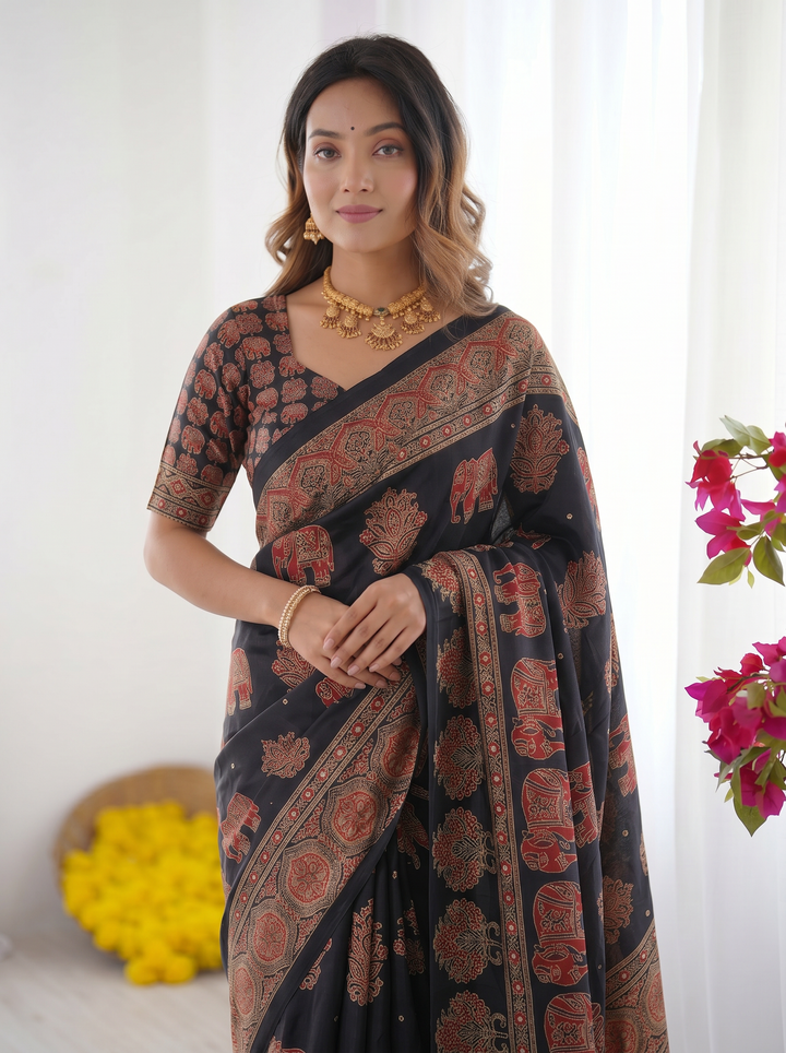 Black Modal Silk Saree with Elephant Motif Ajrakh Print &amp; Heritage Designer Pallu | Traditional Festive Wear Saree
