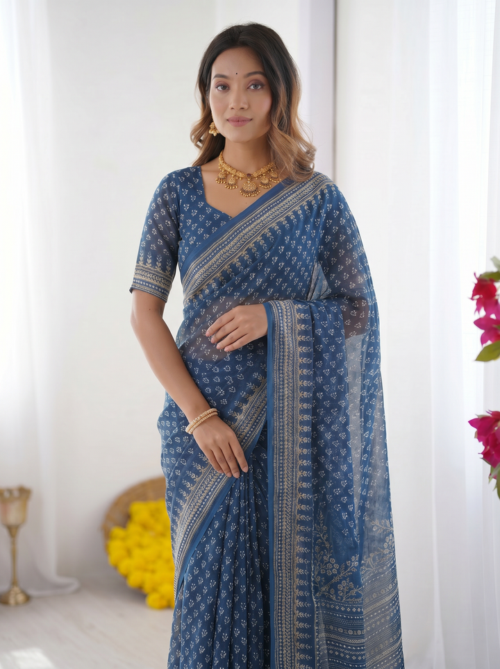 Steel Blue Modal Silk Saree with Delicate Floral Butti Prints, Traditional Heritage Border &amp; Elegant Designer Pallu