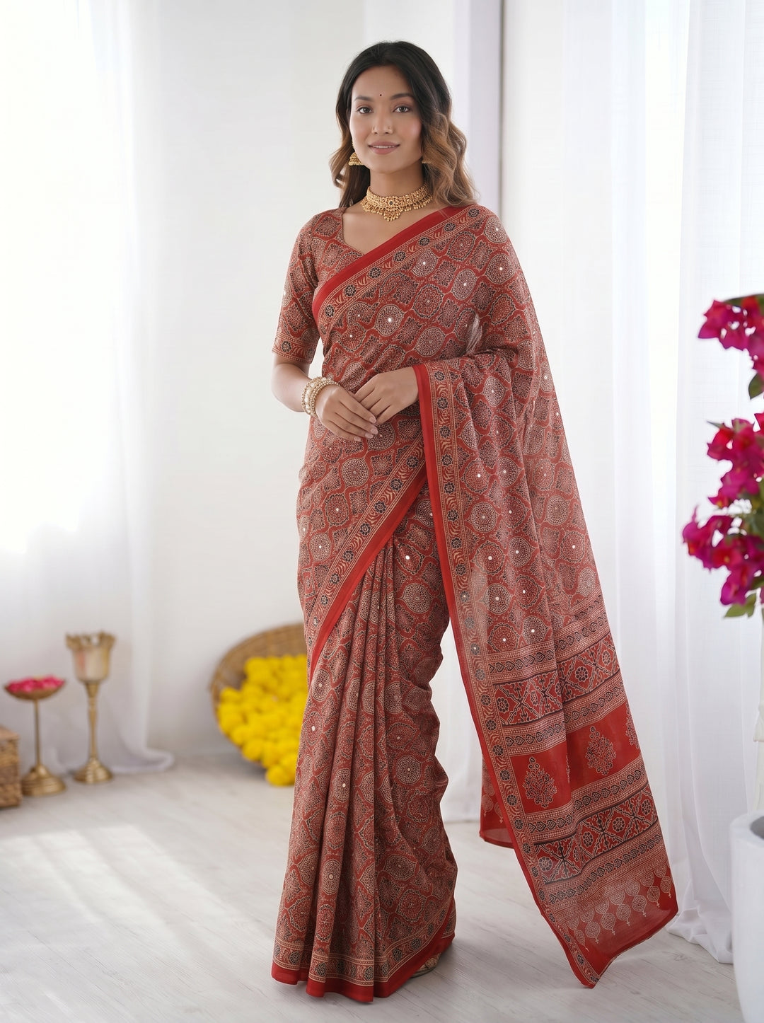 Rustic Brick Red Modal Silk Saree with Heritage Geometric Motifs, Traditional Designer Border &amp; Artistic Pallu
