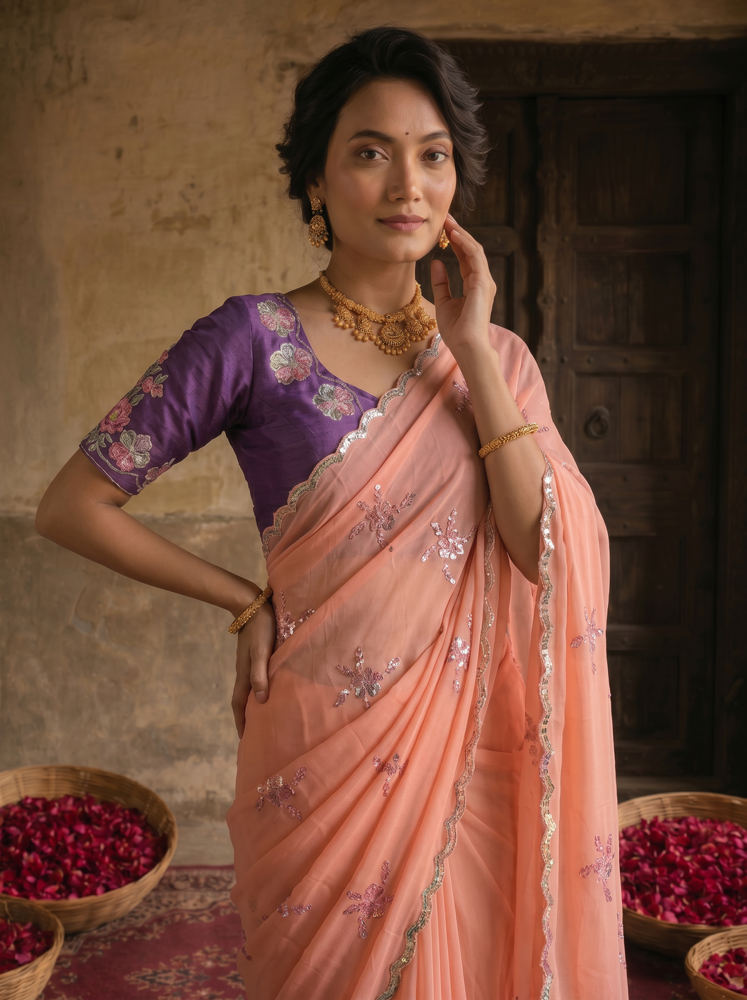 Peach Pink Georgette Embroidered Saree with Floral Sequin Work &amp; Contrast Purple Blouse