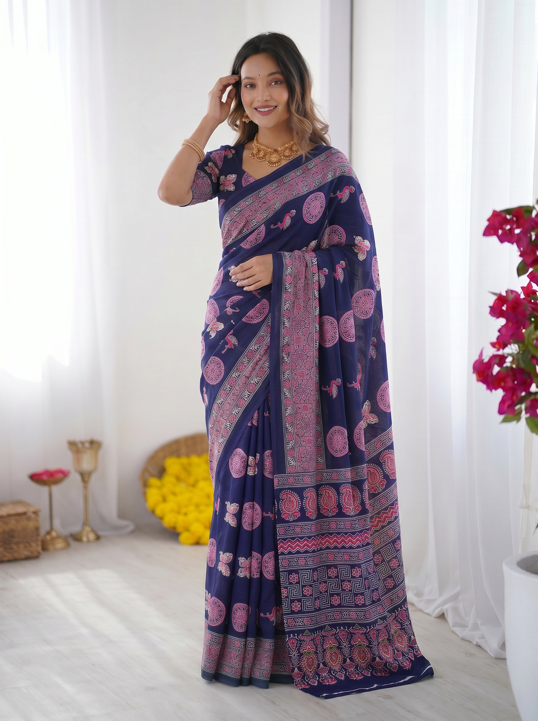 Navy Blue Modal Silk Saree with Paisley &amp; Circular Motif Print | Designer Heritage Pallu Saree for Festive Wear