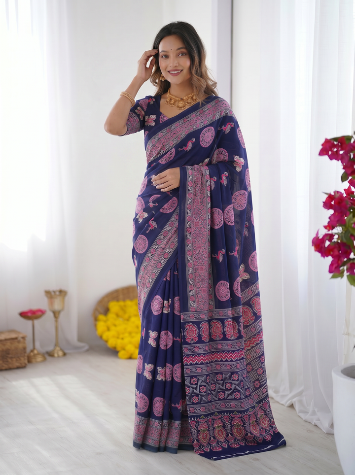 Navy Blue Modal Silk Saree with Paisley &amp; Circular Motif Print | Designer Heritage Pallu Saree for Festive Wear