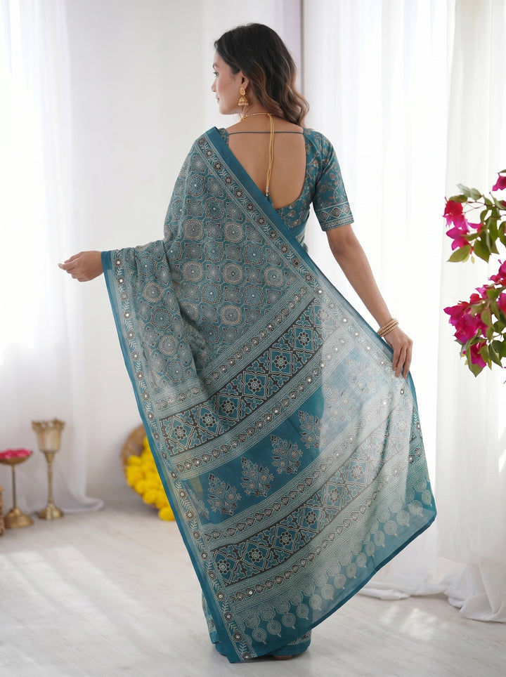 Teal Blue Modal Silk Saree with Heritage Geometric Motifs, Intricate Printed Border &amp; Traditional Designer Pallu