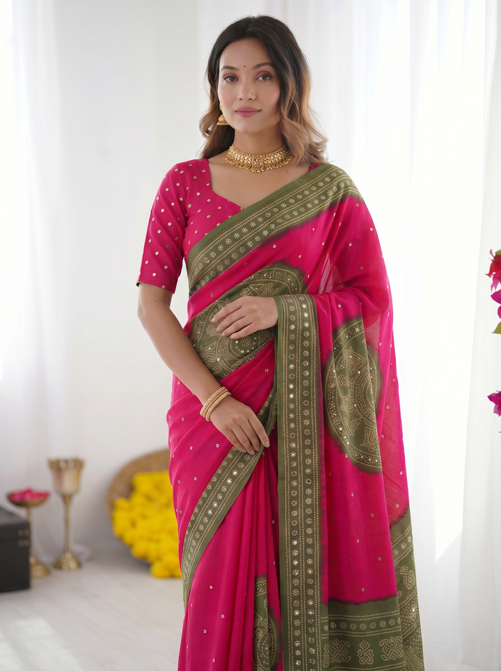 Rani Pink &amp; Olive Green Bandhani Inspired Modal Silk Saree with Traditional Folk Print Pallu &amp; Stone Embellishments