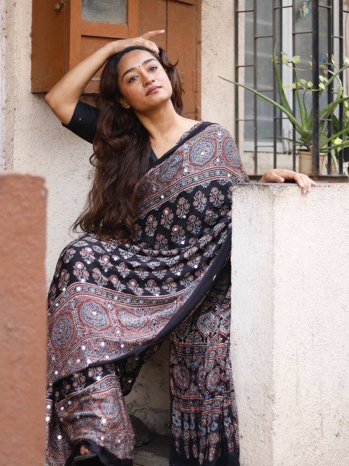 Black Ajrakh Printed Modal Silk Saree with Tassels &amp; Attached Blouse | Traditional Ethnic &amp; Festive Wear Saree