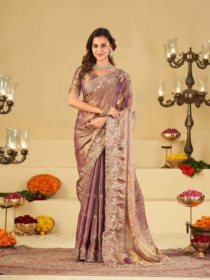 Lavender Gold Fendy Satin Saree with Multicolor Floral Embroidery Border | Elegant Designer Party Wear Saree with Blouse