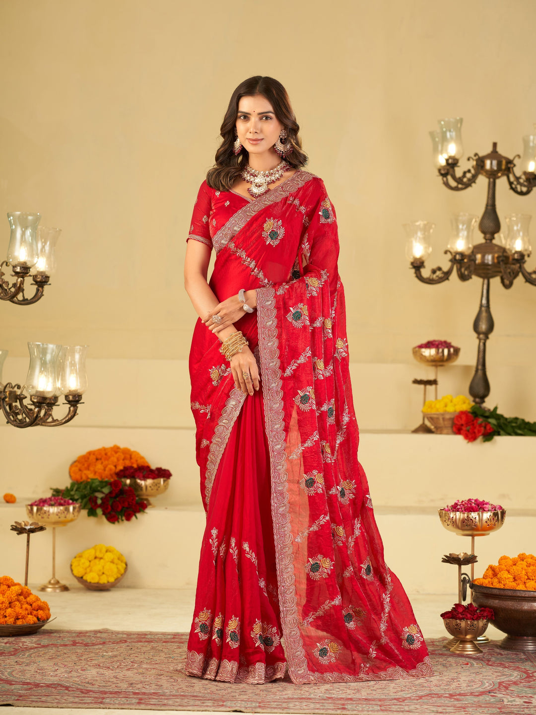 Ruby Red Designer Fendy Satin Saree with Floral Embroidery Work | Premium Wedding & Party Wear Embroidered Saree with Blouse