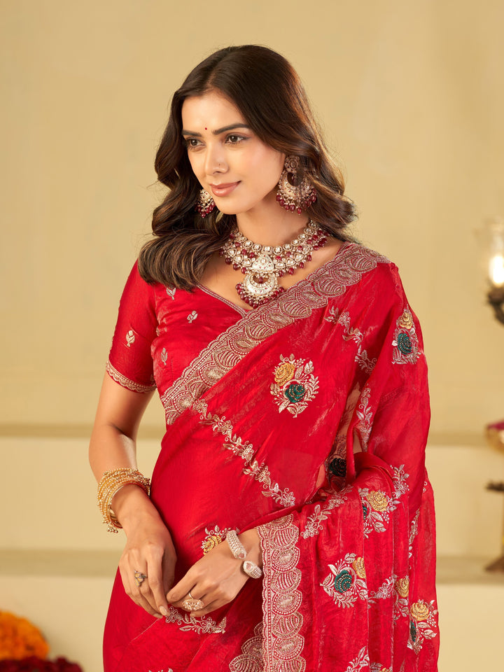 Ruby Red Designer Fendy Satin Saree with Floral Embroidery Work | Premium Wedding & Party Wear Embroidered Saree with Blouse