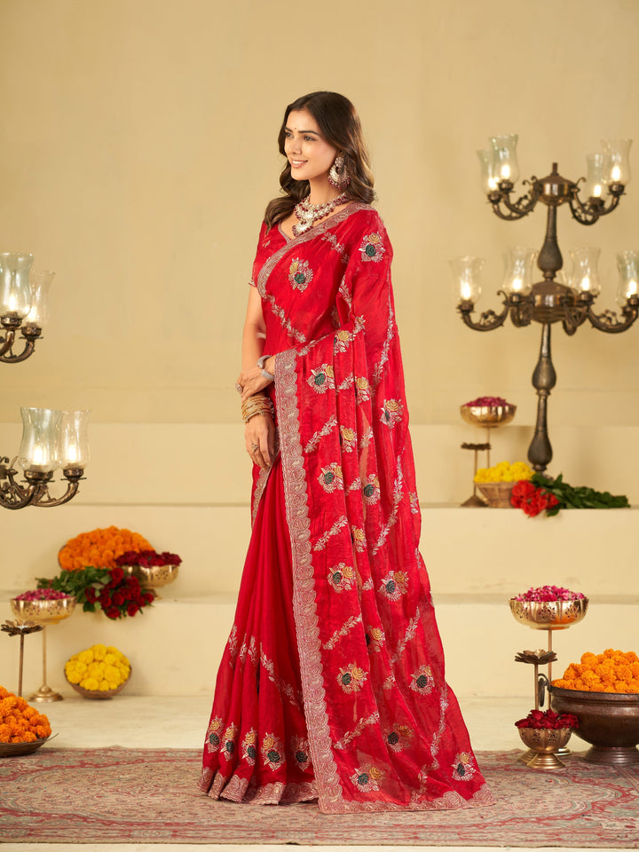 Ruby Red Designer Fendy Satin Saree with Floral Embroidery Work | Premium Wedding & Party Wear Embroidered Saree with Blouse