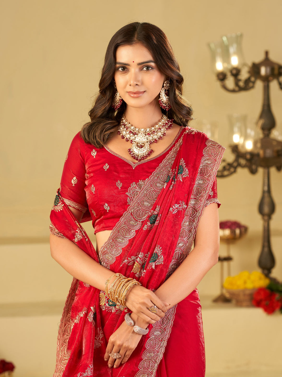 Ruby Red Designer Fendy Satin Saree with Floral Embroidery Work | Premium Wedding & Party Wear Embroidered Saree with Blouse