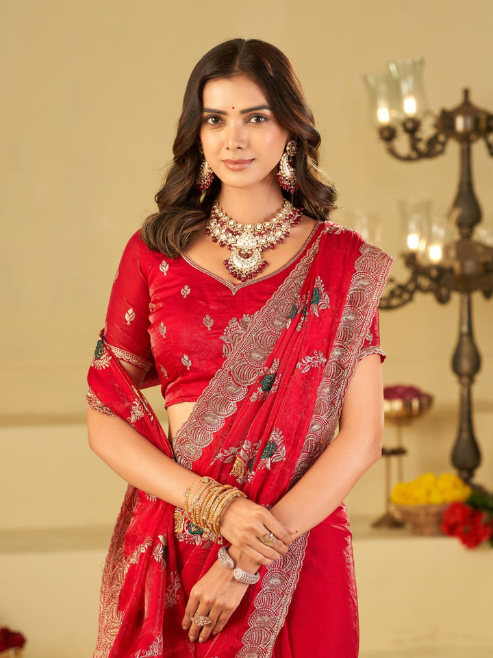 Ruby Red Designer Fendy Satin Saree with Floral Embroidery Work | Premium Wedding & Party Wear Embroidered Saree with Blouse