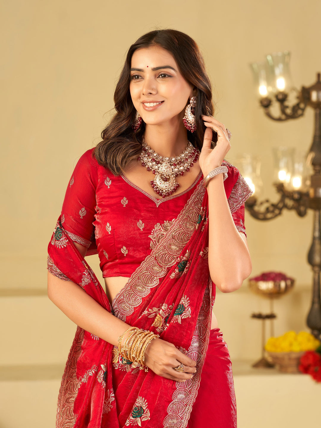 Ruby Red Designer Fendy Satin Saree with Floral Embroidery Work | Premium Wedding & Party Wear Embroidered Saree with Blouse