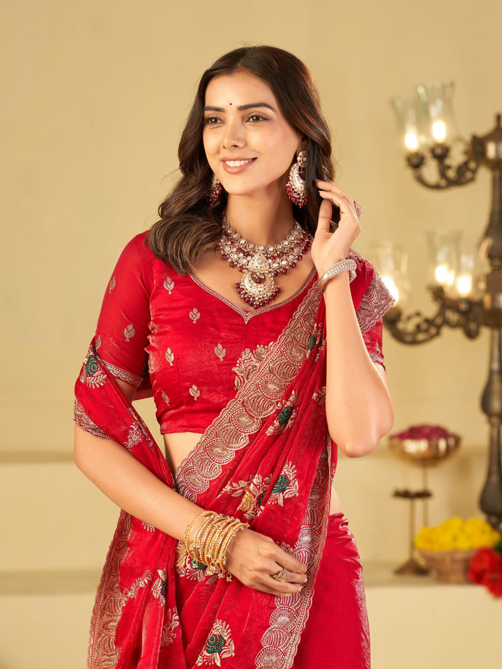 Ruby Red Designer Fendy Satin Saree with Floral Embroidery Work | Premium Wedding & Party Wear Embroidered Saree with Blouse
