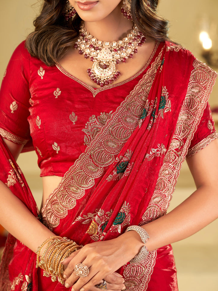 Ruby Red Designer Fendy Satin Saree with Floral Embroidery Work | Premium Wedding & Party Wear Embroidered Saree with Blouse