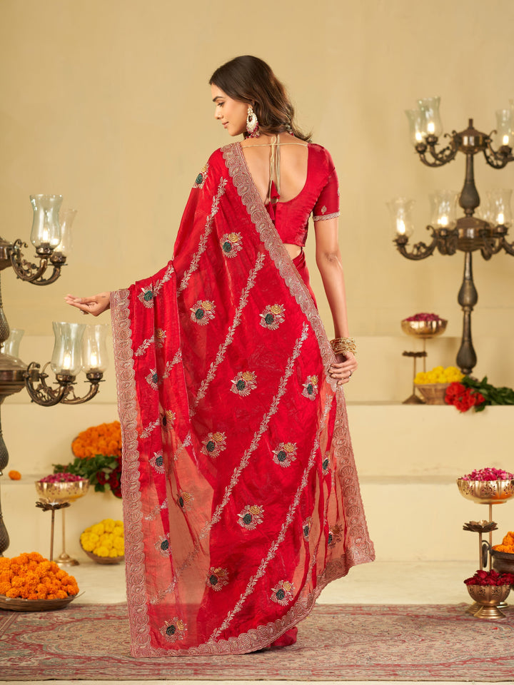Ruby Red Designer Fendy Satin Saree with Floral Embroidery Work | Premium Wedding & Party Wear Embroidered Saree with Blouse