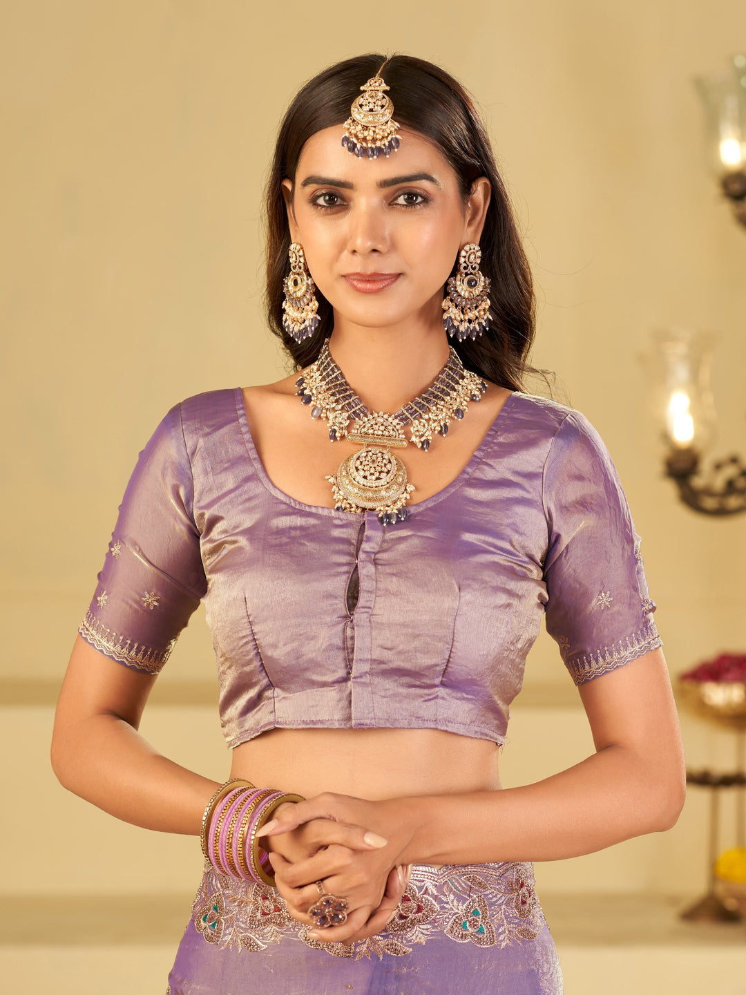 Pastel Lavender Designer Fendy Satin Saree with Heavy Embroidered Border | Elegant Party Wear Festive Saree with Intricate Embroidery & Matching Blouse