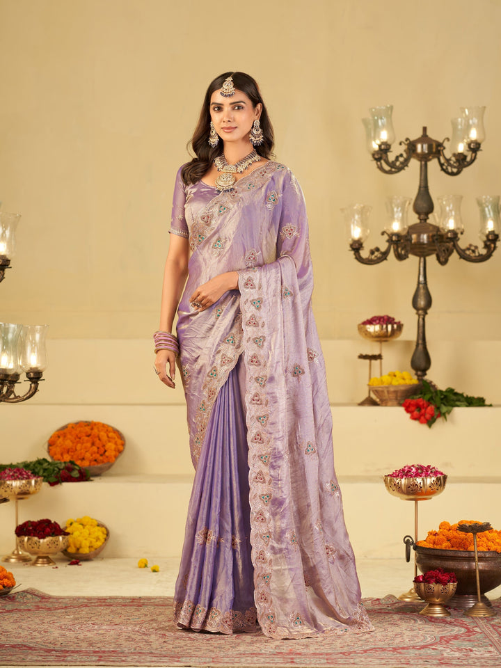 Pastel Lavender Designer Fendy Satin Saree with Heavy Embroidered Border | Elegant Party Wear Festive Saree with Intricate Embroidery & Matching Blouse