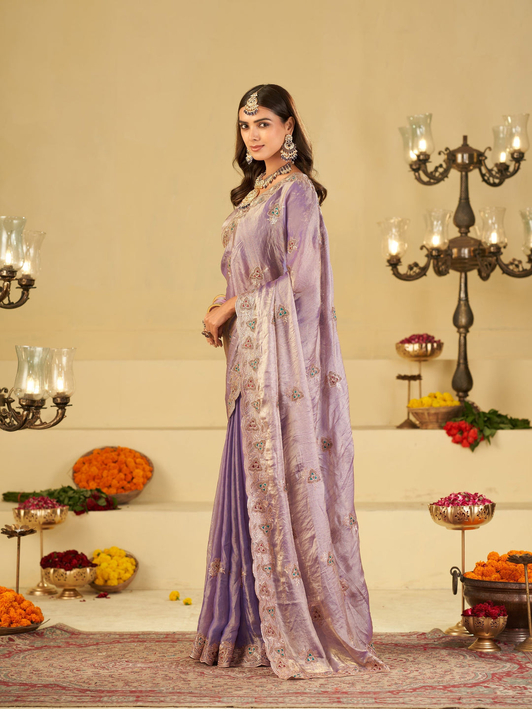 Pastel Lavender Designer Fendy Satin Saree with Heavy Embroidered Border | Elegant Party Wear Festive Saree with Intricate Embroidery & Matching Blouse