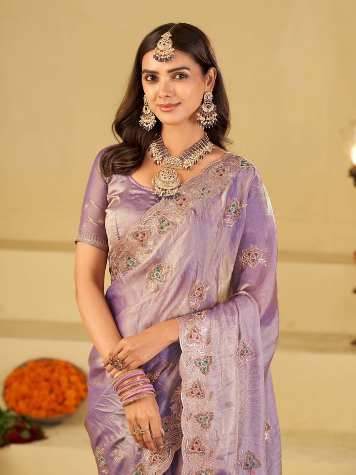 Pastel Lavender Designer Fendy Satin Saree with Heavy Embroidered Border | Elegant Party Wear Festive Saree with Intricate Embroidery & Matching Blouse