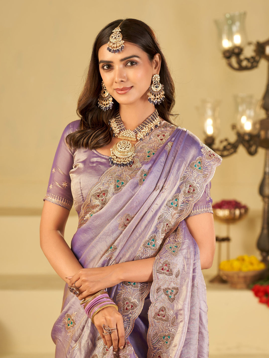 Pastel Lavender Designer Fendy Satin Saree with Heavy Embroidered Border | Elegant Party Wear Festive Saree with Intricate Embroidery & Matching Blouse