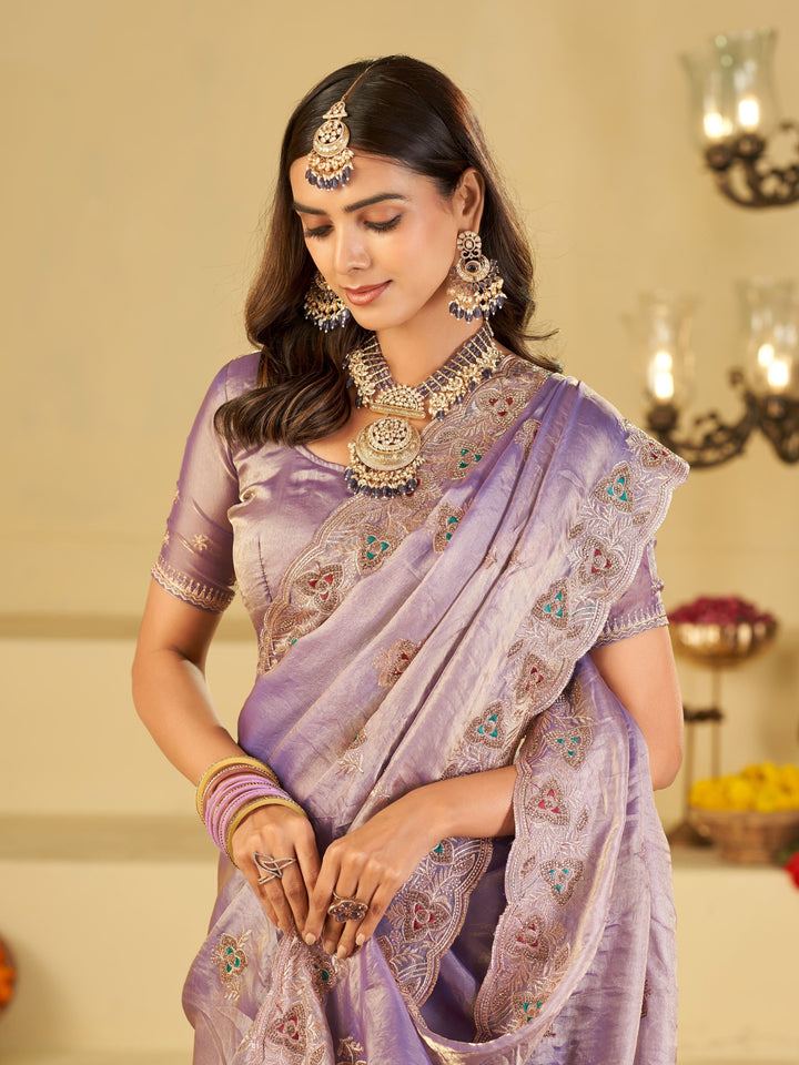 Pastel Lavender Designer Fendy Satin Saree with Heavy Embroidered Border | Elegant Party Wear Festive Saree with Intricate Embroidery & Matching Blouse