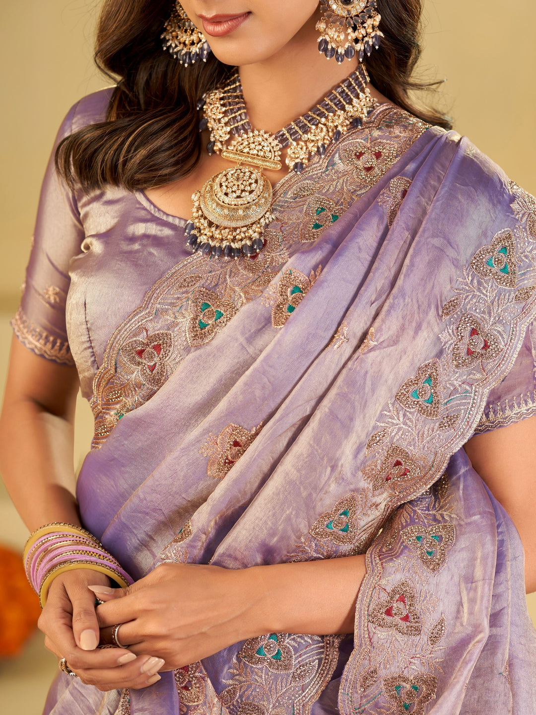 Pastel Lavender Designer Fendy Satin Saree with Heavy Embroidered Border | Elegant Party Wear Festive Saree with Intricate Embroidery & Matching Blouse