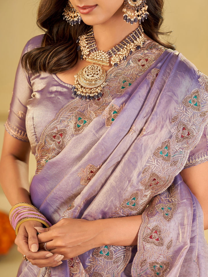 Pastel Lavender Designer Fendy Satin Saree with Heavy Embroidered Border | Elegant Party Wear Festive Saree with Intricate Embroidery & Matching Blouse
