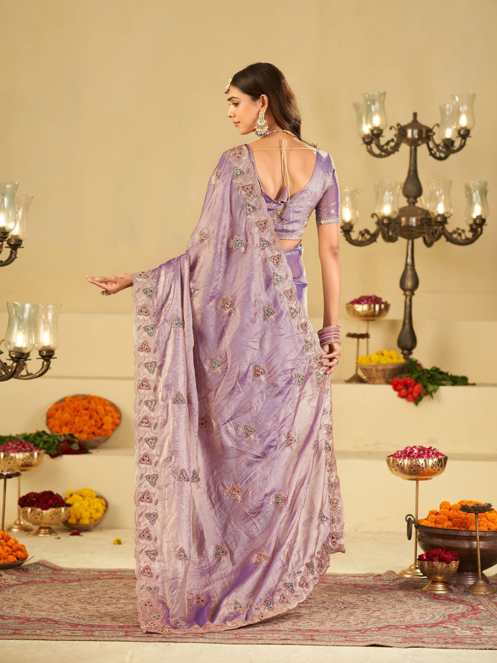 Pastel Lavender Designer Fendy Satin Saree with Heavy Embroidered Border | Elegant Party Wear Festive Saree with Intricate Embroidery & Matching Blouse