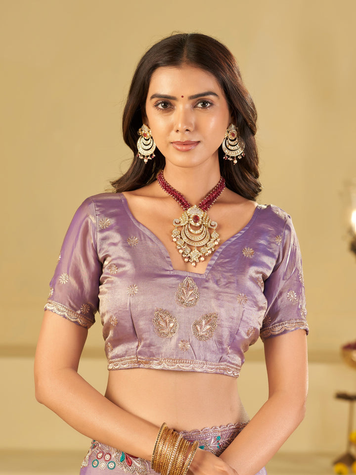 Lavender Purple Designer Fendy Satin Saree with Floral Embroidered Border & Elegant Thread Work | Premium Festive Party Wear Saree