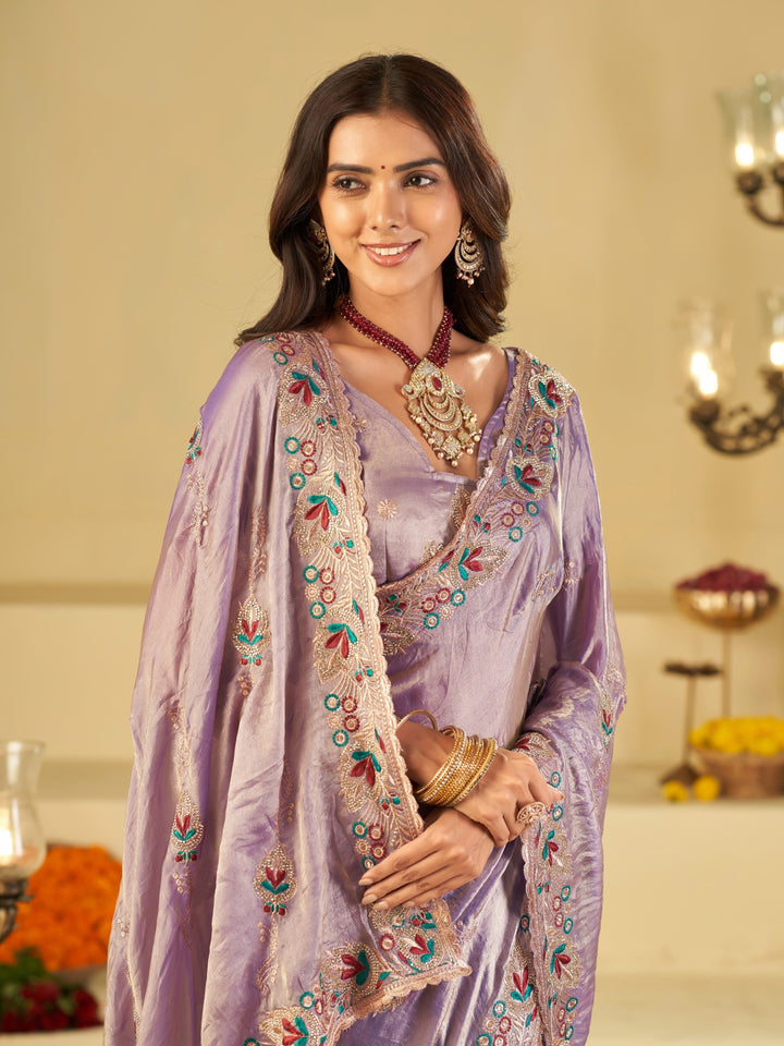 Lavender Purple Designer Fendy Satin Saree with Floral Embroidered Border & Elegant Thread Work | Premium Festive Party Wear Saree