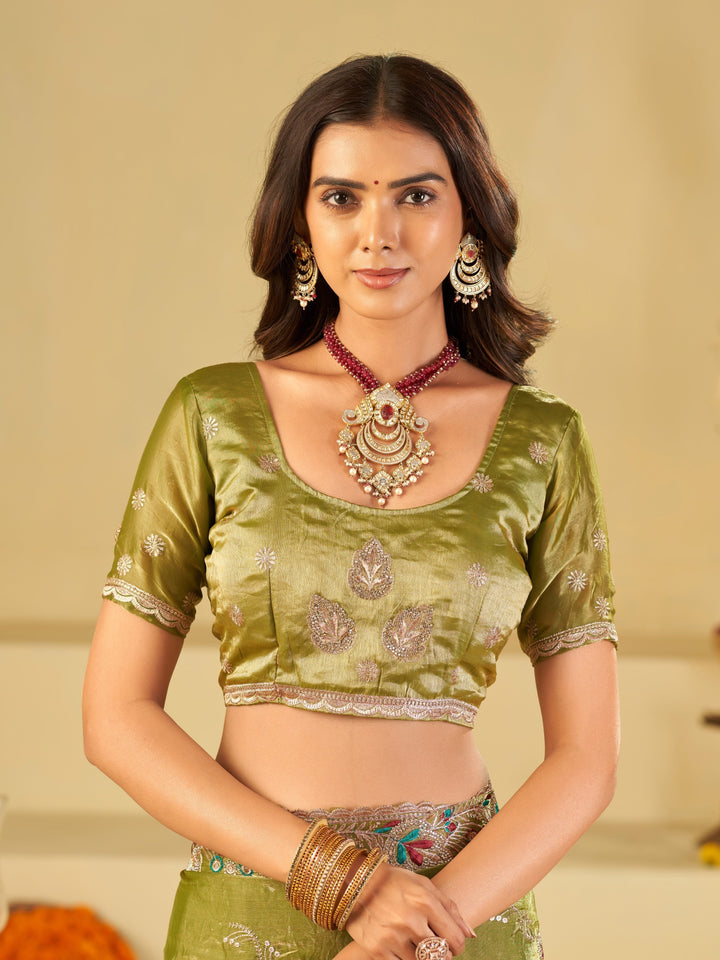 Olive Green Designer Fendy Satin Saree with Floral Embroidered Border & Multicolor Thread Work | Premium Festive Party Wear Saree