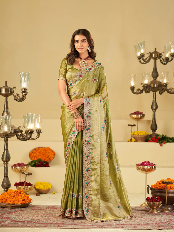 Olive Green Designer Fendy Satin Saree with Floral Embroidered Border & Multicolor Thread Work | Premium Festive Party Wear Saree