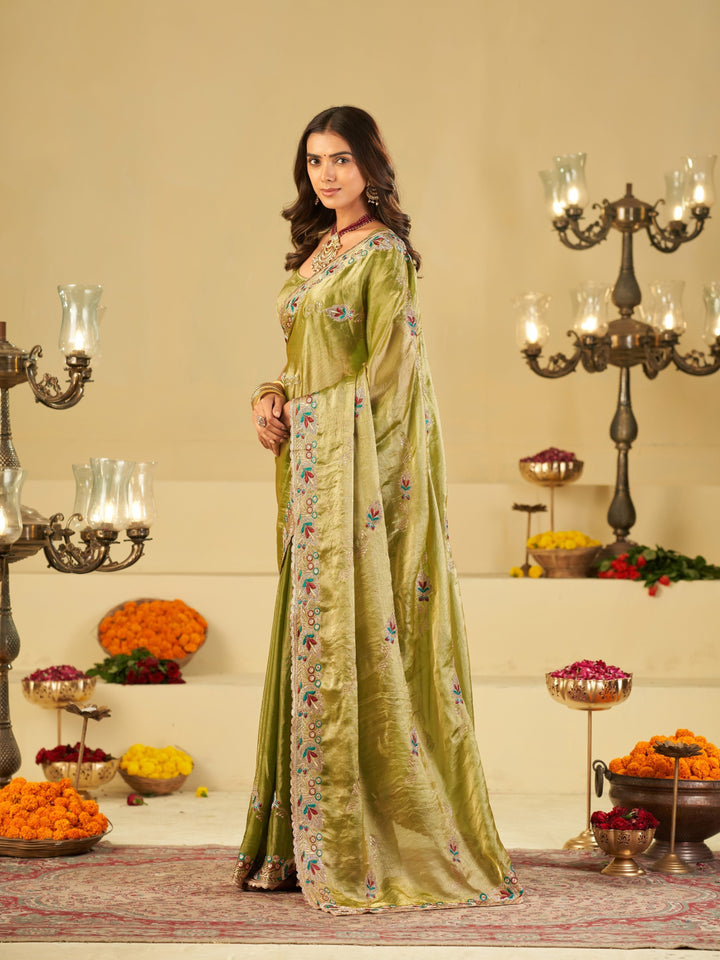 Olive Green Designer Fendy Satin Saree with Floral Embroidered Border & Multicolor Thread Work | Premium Festive Party Wear Saree
