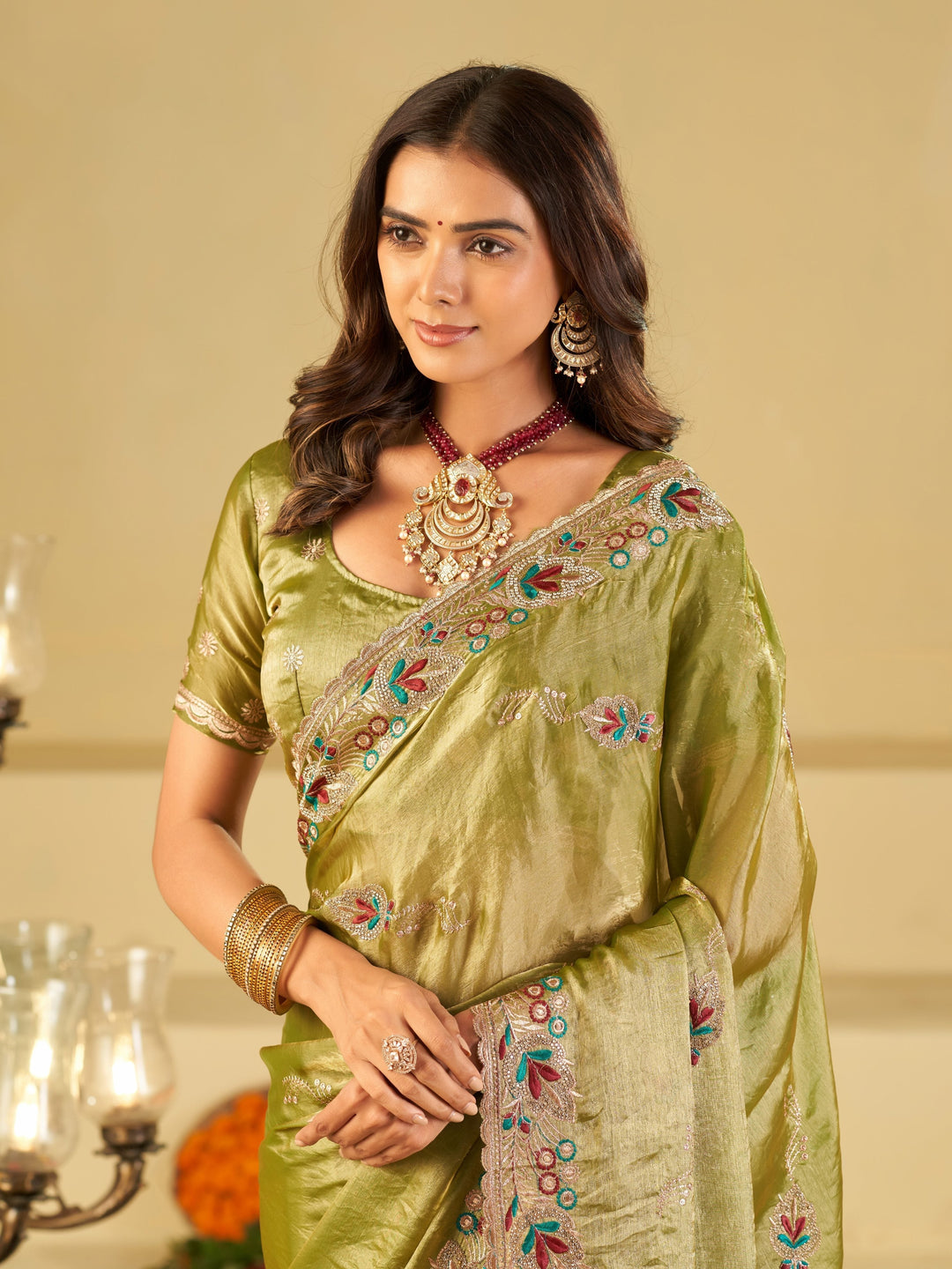 Olive Green Designer Fendy Satin Saree with Floral Embroidered Border & Multicolor Thread Work | Premium Festive Party Wear Saree