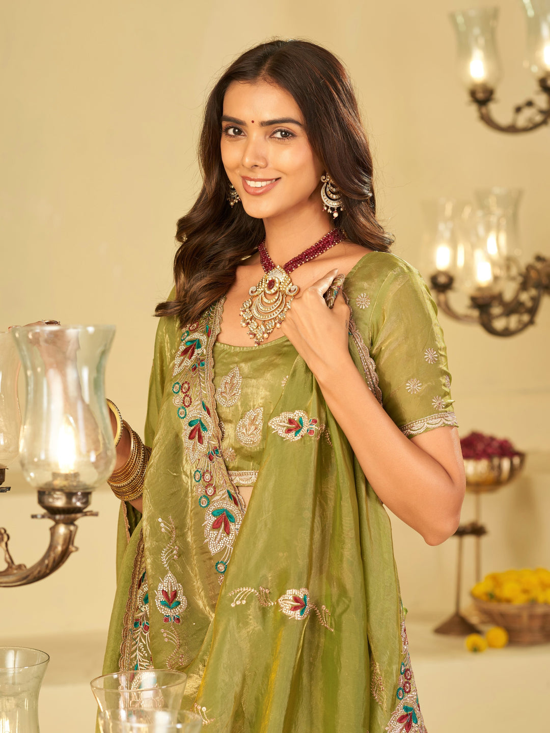 Olive Green Designer Fendy Satin Saree with Floral Embroidered Border & Multicolor Thread Work | Premium Festive Party Wear Saree