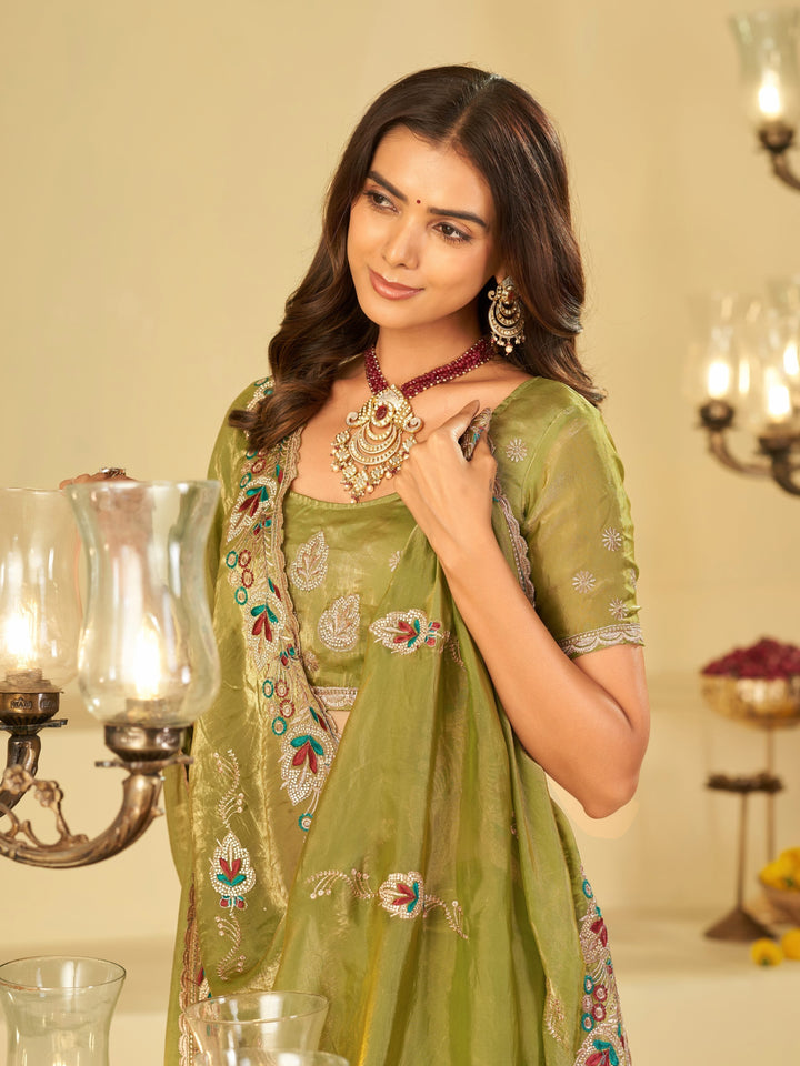 Olive Green Designer Fendy Satin Saree with Floral Embroidered Border & Multicolor Thread Work | Premium Festive Party Wear Saree
